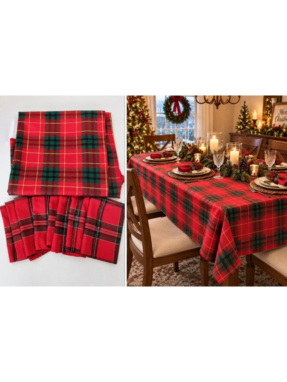 Home Collection Red Plaid Christmas Tablecloth & 8 Napkin Set 60 X 84 Tradition